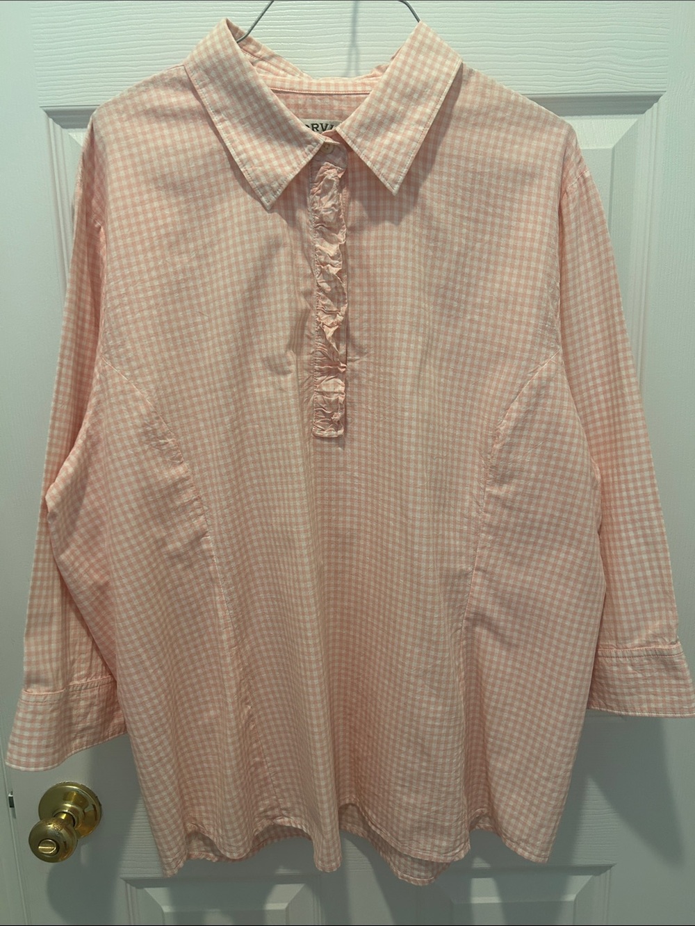 Orvis Light Pink Gingham Ruffle-Trim Button Polo Blouse